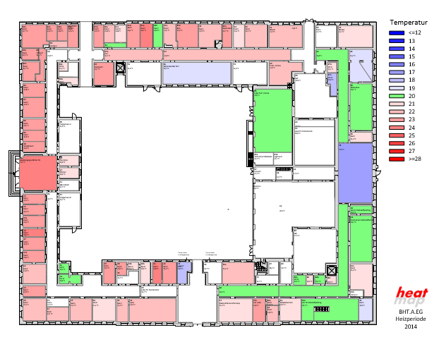 Ein Grundriss der Beuth-Hochschule, auf dem die Temperatur durch Farben von Blau bis Rot für einzelne Räume dargestellt wird. 
