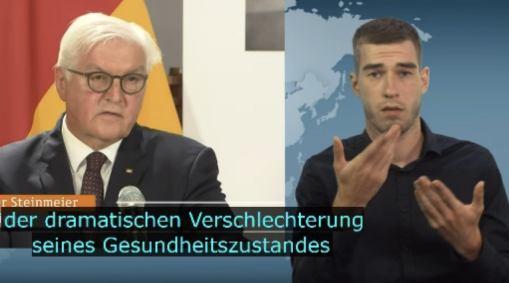 Ein Still aus den Tagesthemen mit geteiltem Bild. Links Frank Walther Steinmeier und rechts ein Mann, der in Gebärdensprache dolmetscht. 