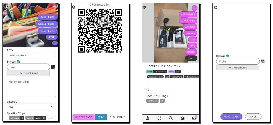 4 Screenshots aus der dingsda 2mex App, auf denen gezeigt wird, wie Fundus-Gegenstände in die App eingefügt, bewegt, editiert und verliehen werden können. 