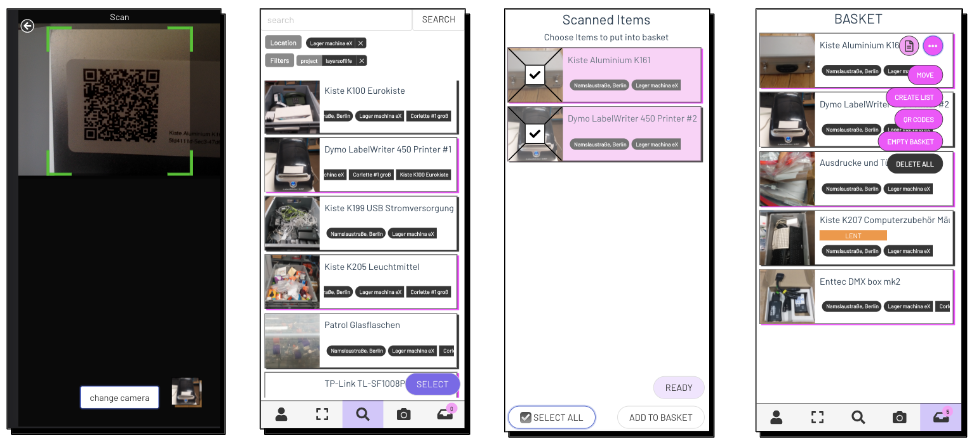 4 Screenshots aus der dingsda 2mex App, die zeigen, wie Listen ausgewählter Gegenstände erstellt und diese verwaltet werden können.