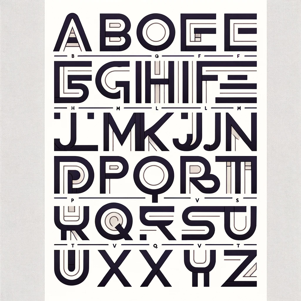 In sechs Zeilen sind erkennbare Buchstaben des lateinischen Alphabets im Stil typographischer Poster aneinandergereiht, vermischt mit dekorative Linien und vielen "Fantasiebuchstaben", die sich aus Versatzstücken echter Buchstaben zusammensetzen.