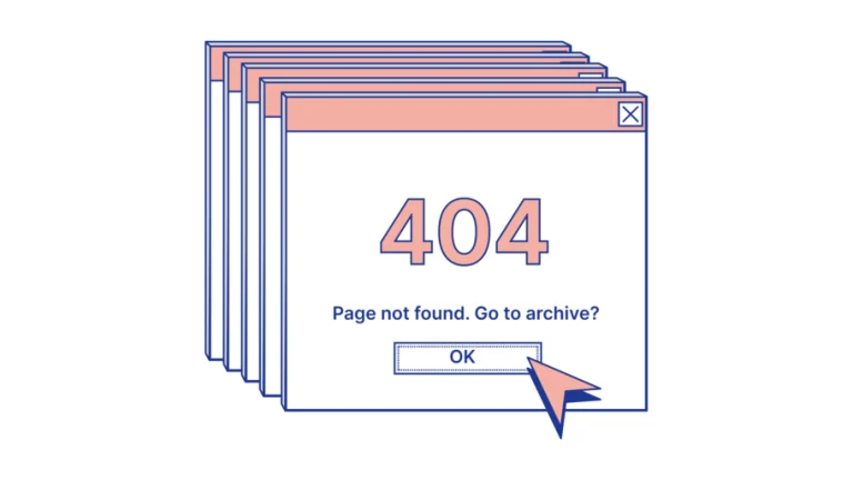 Stilisierte Darstellung eines Infofensters im Browser mit Fehlermeldung "404. Page not found. Go to archive?"