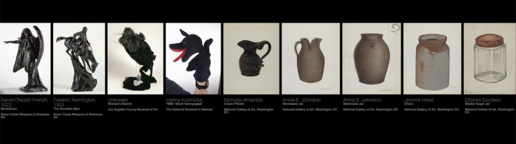 Neun Objekte im Vergleich: Plastiken, ein Hut, eine Handpuppe, Krüge und ein Glas. Ähnlichkeit besteht nur in der groben Umrissform der jeweils direkt nebeneinander stehenden Objekte.