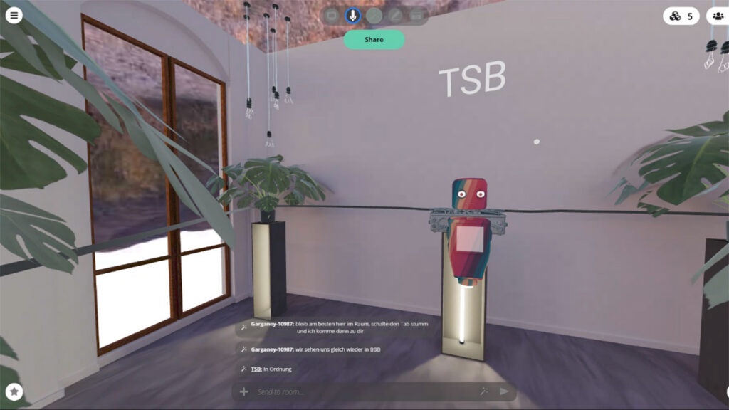 Ein Avatar in Regenbogenfarben schwebt im virtuellen Ausstellungsraum von Prater Digital vor Lichtsäulen und Pflanzen.