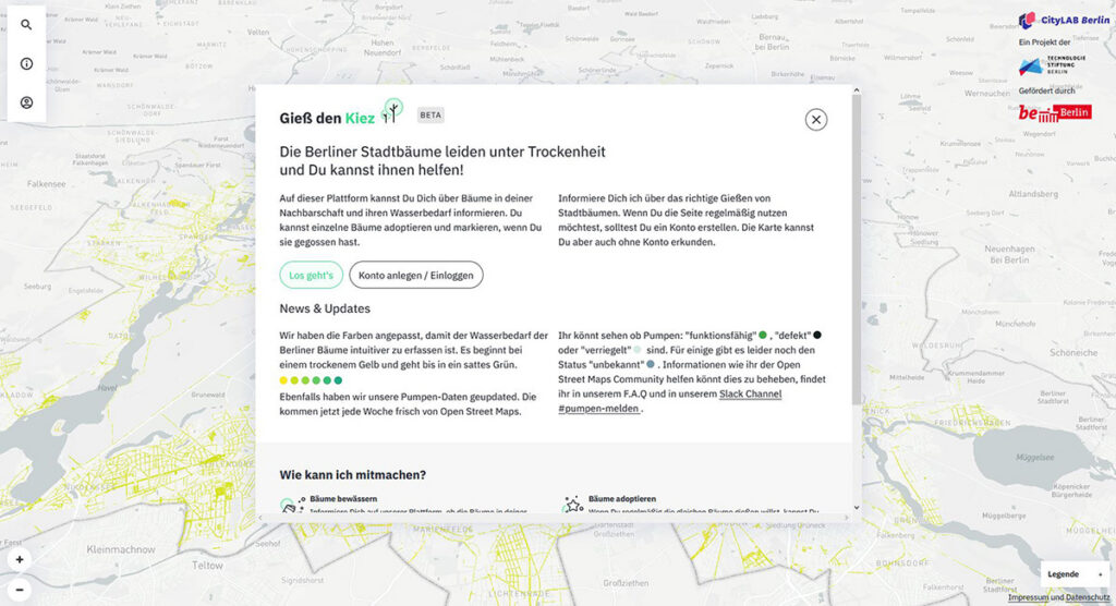 Screenshot aus der Website Gieß den Kiez mit Erklärtext, eingeblendet über einer Stadtkarte Berlins.