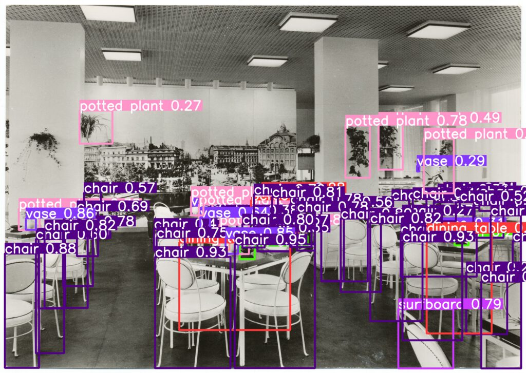 Ansichtskarte zeigt die Inneneinrichtung des Cafe Forum im Haus des Lehrers. Das Haus des Lehrers ist ein Baudenkmal am Alexanderplatz im Berliner Ortsteil Mitte. Um viele Stühle herum befinden sich rechteckige Rahmen mit dem Schlagwort "chair" und hohen confidence-Werten bis 97 Prozent. Einige Zimmerpflanzen werden als "potted plants" erkannt, Tische als "dining tables".