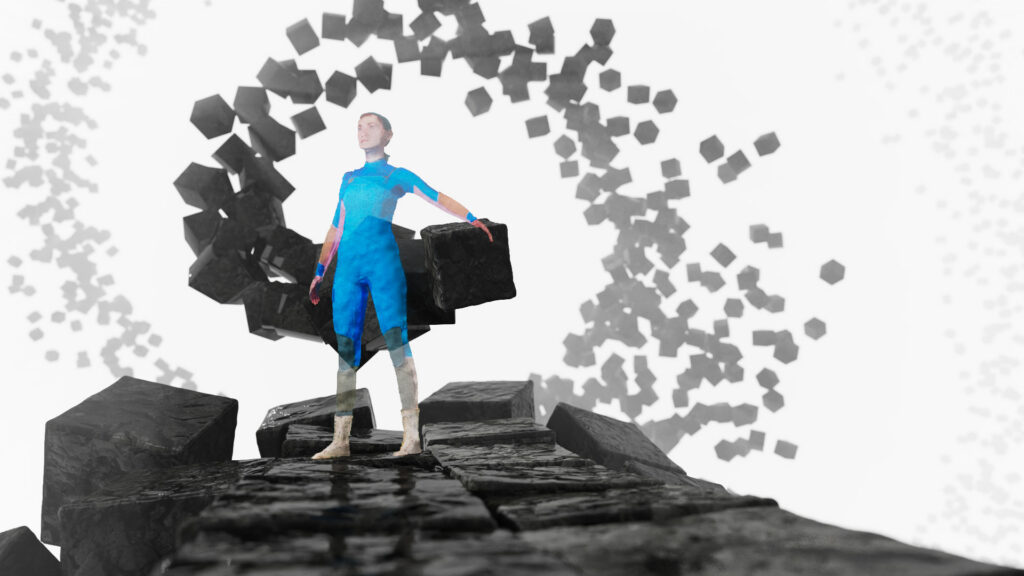 Eine animierte Person in blauem Overall steht auf schwarzen Steinblöcken, die sich vom Grund ablösen und in einem Wirbel davonfliegen.