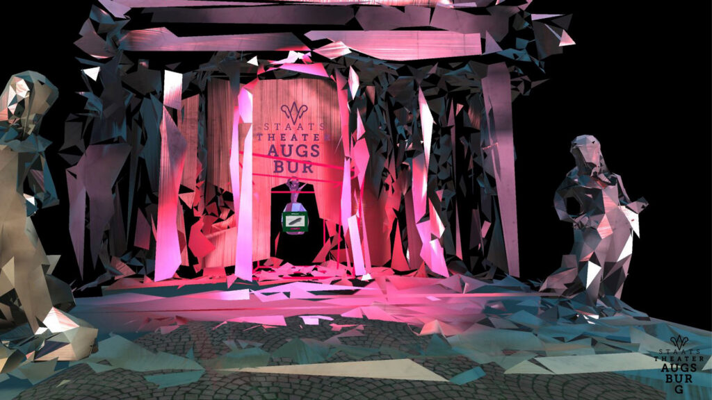 Zwei Avatare aus gewollt grob aussehenden Pixeln vor dem Eingang zu einer virtuellen Theaterbühne.