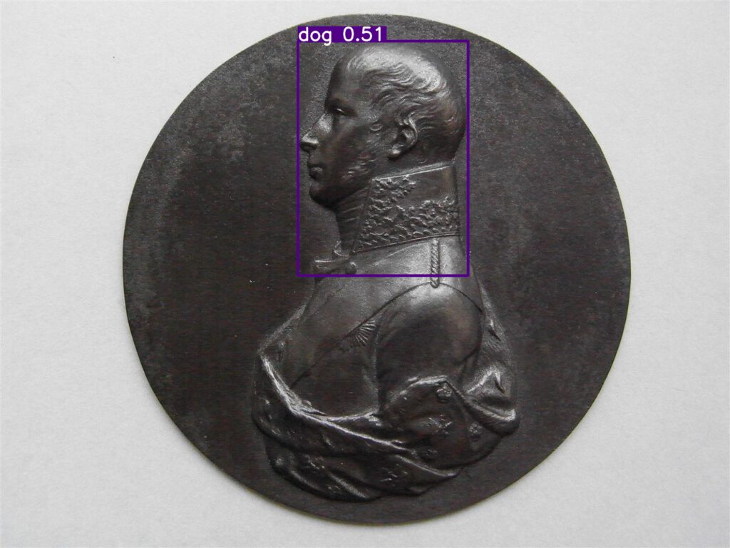 Runde Portraitplakette aus gegossenem Eisen mit Brustbild Friedrich Wilhelm, der Dritte, König von Preußen (1770-1840) im Hochrelief. Der König ist im Profil nach links in Generalsuniform dargestellt, mit Band und Stern des Schwarzen Adlerordens und Hermelindraperie um Brust und Rücken. Um das Gesicht befindet sich ein rechteckiger Rahmen mit dem Schlagwort "dog" als Ergebnis der Bilderkennung.