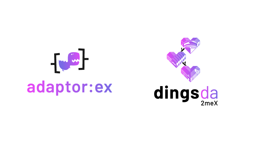 Zwei Logos aus dem Projekt Machina Commons: das Game-Theater Framework adaptor:ex und die Lagerverwaltungs-App dingsda2mex.