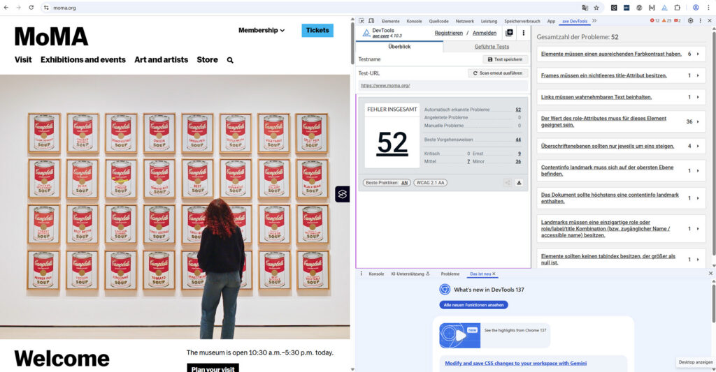 Auf der Website des MoMA hat AxeDevTools viele Fehler gefunden. 