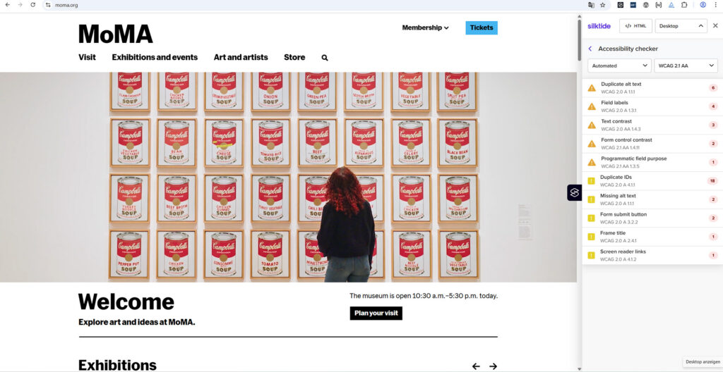 Auf der Website des MoMA hat der Silktide Accessibility Checker viele Fehler gefunden. 