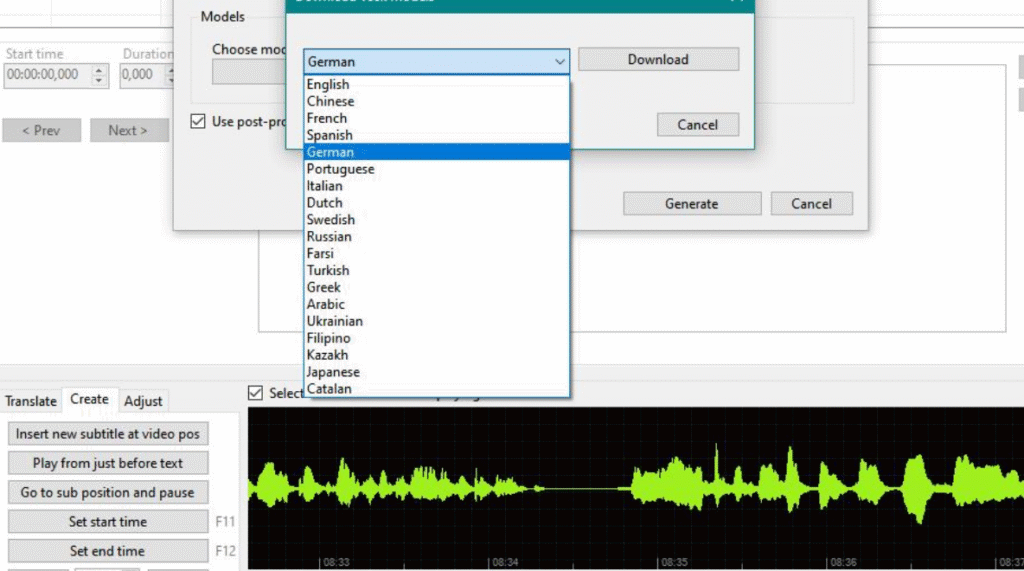 Screenshot von Subtitle Edit. Sprachauswahl und eine Audioamplitude. 