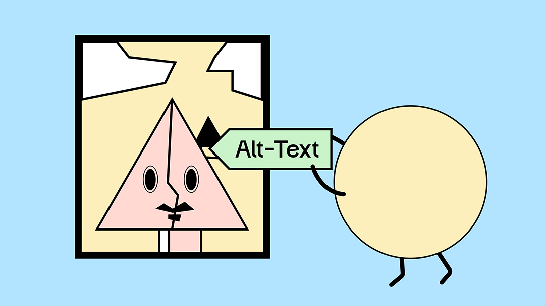 Eine gelbe, runde Comicfigur hält ein Alt-Text-Etikett an ein abstraktes Bild.